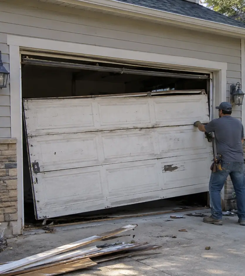 Residential garage door before repair